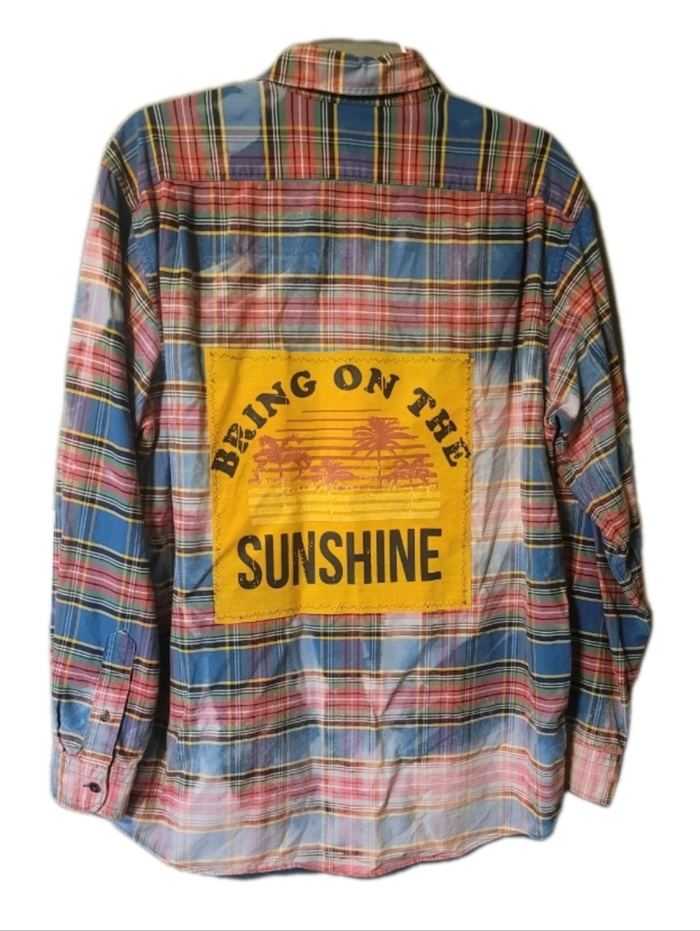 Upcycled Shirt Men's Large Multicolor Plaid Button-Up Shirt Back Patch